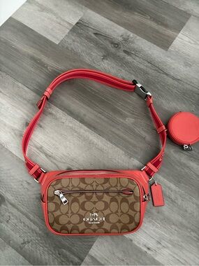 Coach Brown Signature Canvas Belt Bag with Coral Trim